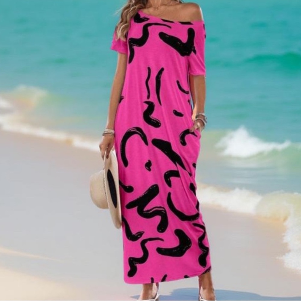 Emery Rose Pink Black Abstract Maxi Dress XL Pockets Summer Flowing NWT